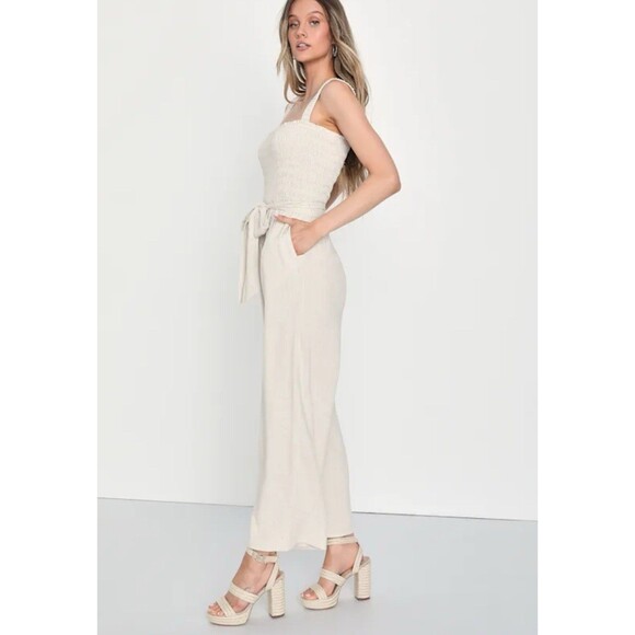 Lulus Beige Linen Blend Smocked Wide-Leg Jumpsuit Size XS Boho Euro Chic W Belt - Picture 5 of 11